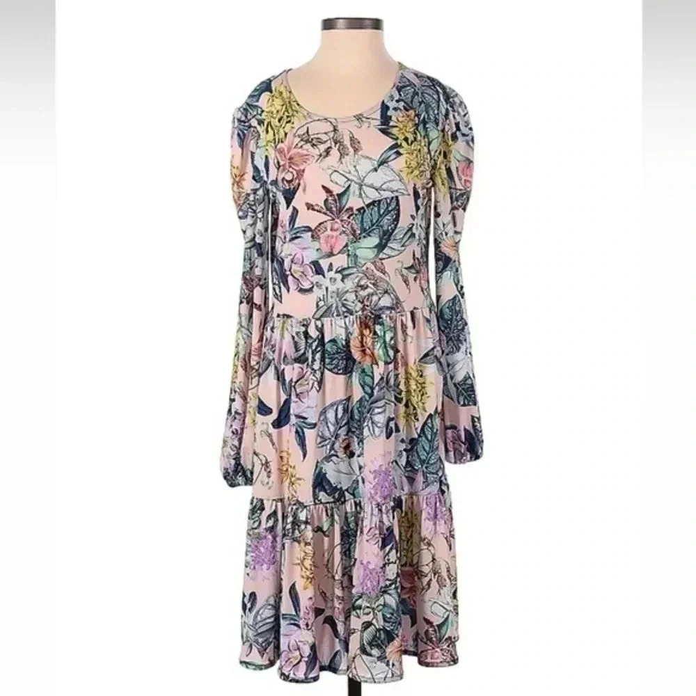 Kaiya Designs Cottagecore Whimsical Floral Tiered Drop Waist Shift Dress Size XS